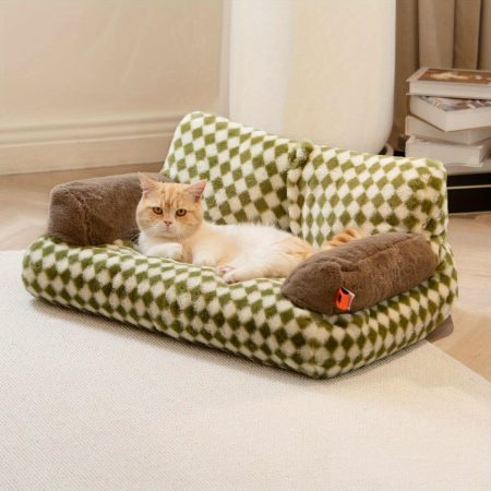 MEWOOFUN Cozy Plaid Pet Sofa Bed for Cats and Dogs, Washable Green and White Cotton Lounger with Non-Slip Bottom, Fluffy Design with Decorative Pillows, 66"L x 36"W x 33"H cm