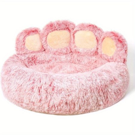 Paw Shape Calming Pet Bed Medium Plush Faux Fur Donut Bed for Dogs and Cats Machine Washable NonSlip Bottom Extra Large Size 32"×32"×10" Pink