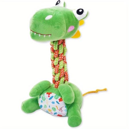 Large Squeaky Plush Dinosaur Chew Toy - No-Battery Squeaker, Heavy-Duty Dog Toy with Soft Rope Neck for Aggressive Chewers, Tug-of-War, Fetch, Puppy Teething - Green & Yellow Dinosaur, All Dog Breeds (Pitbulls, Huskies, Gordons) - Ideal Dog Birthday or Ch