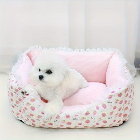 All-Season Detachable Washable Dog Bed for Small & Medium Dogs - Cozy Polyester Pet Mattress with Pink Ruffles & Fruit Pattern, Easy-Clean Durable Design, Indoor/Outdoor Use, Dog Bed for Small Dogs, Indoor Pet Furniture, Playful Patterned Bed, Easyclean M