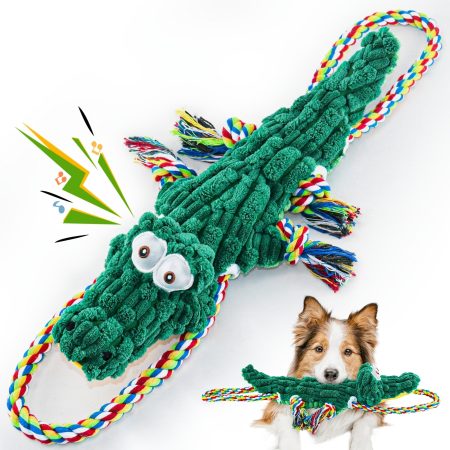 Squeaky Rope Alligator Dog Toy - Heavy-Duty Chew Proof Chew Toy with Squeaker, Tough Tug-of-War Chewer for Large, Medium, Small Dogs - Non-Toxic Dental Cleaning & Gum Massage Pet Chew Toy - Green/ Multi-Colors for Puppy & Adult Dogs, Playful Design, Reinf